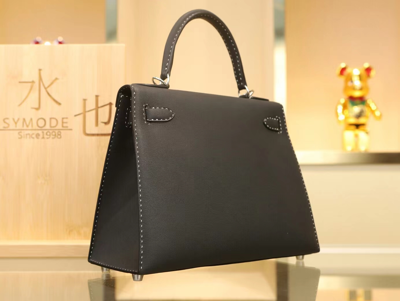 爱马仕89黑色Hermes Kelly28CM Graine Monsieur皮黑白间隔线凯莉包