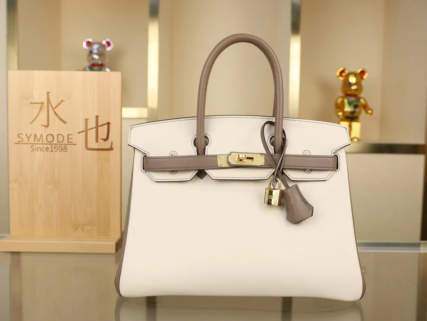 Hermes Birkin30CM 爱马仕奶昔白拼M8沥青灰Swift小牛皮铂金包 金扣