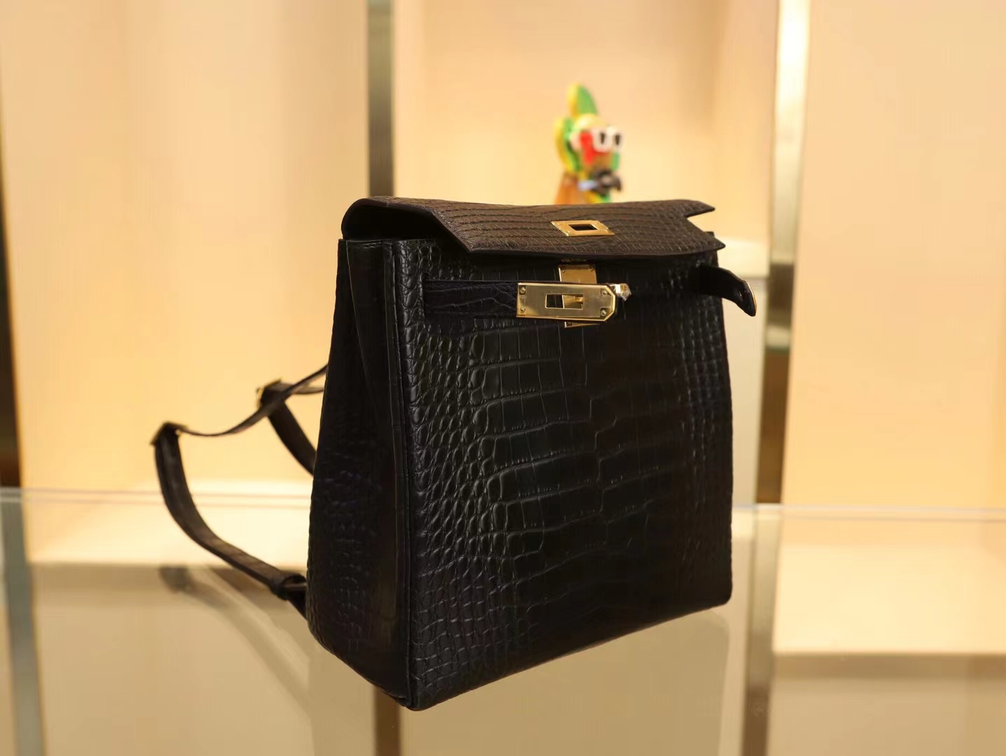 爱马仕双肩包 Hermes 89黑色雾面方块鳄鱼皮Kelly Ado书包 金扣