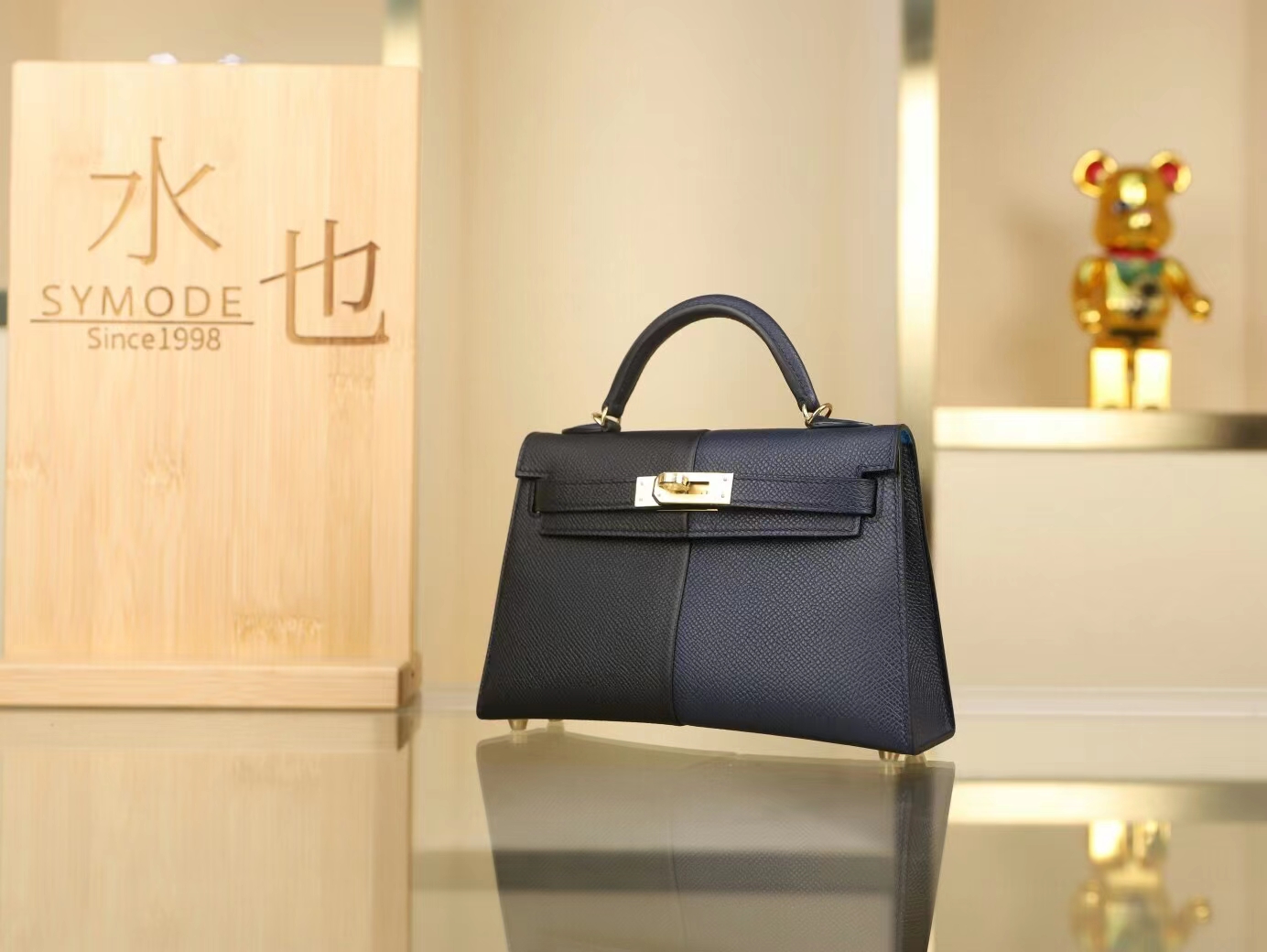 Hermes爱马仕89黑色拼接76靛蓝色Epsom皮mini kelly 2代casaque系列