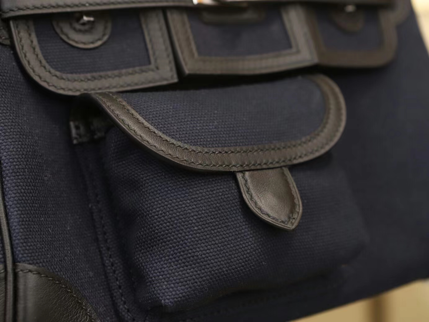 Symode Hermes Birkin Cargo25CM深海蓝Toile Goeland帆布拼黑色铂金包