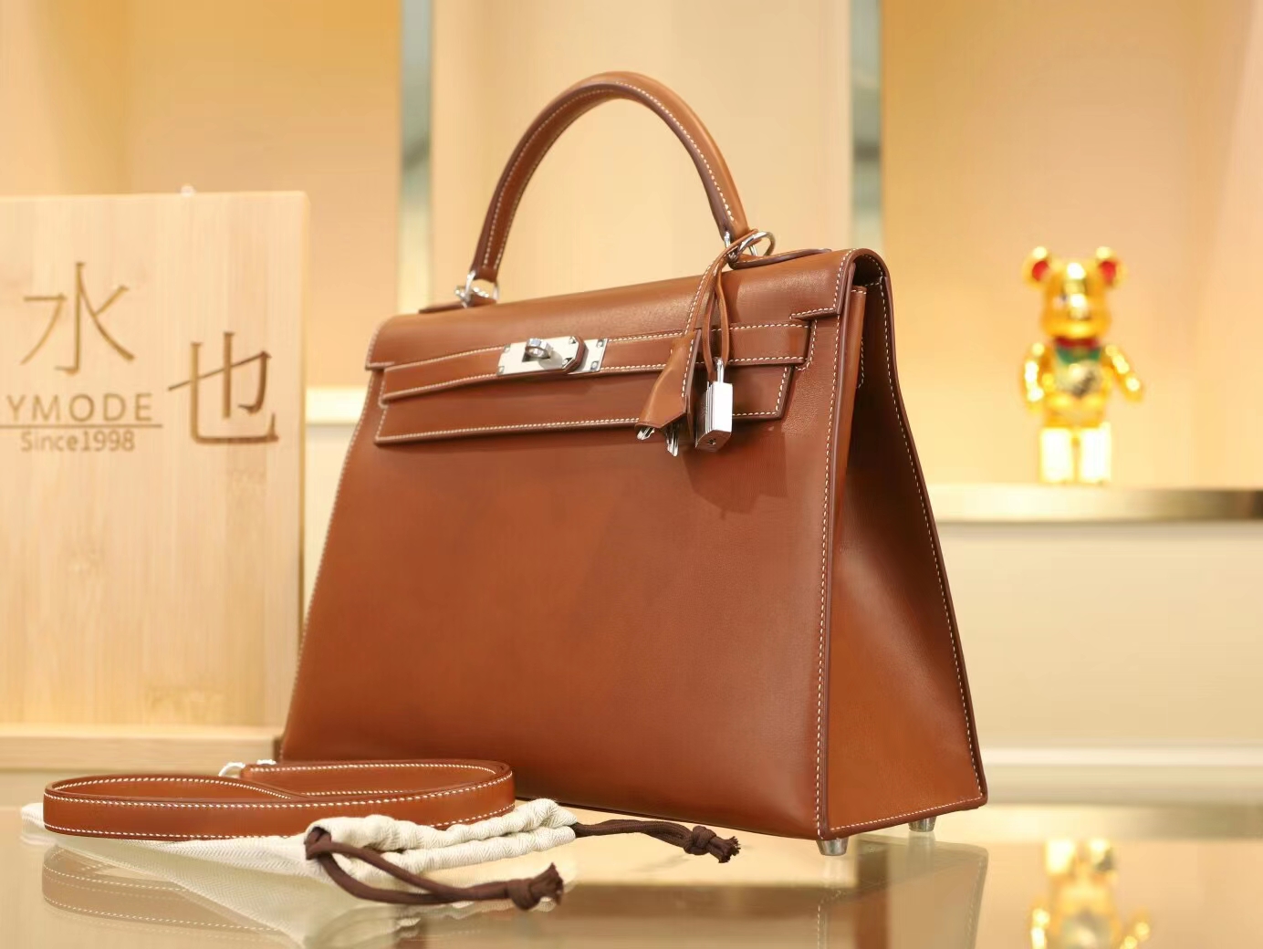 Hermes Kelly32CM 爱马仕CK34焦糖棕马鞍皮凯莉包手提女包 银扣