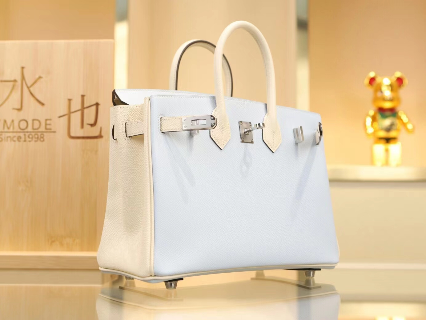 爱马仕Hermes T0圣杯蓝拼I2奶油白Epsom皮铂金包Birkin25CM 银扣