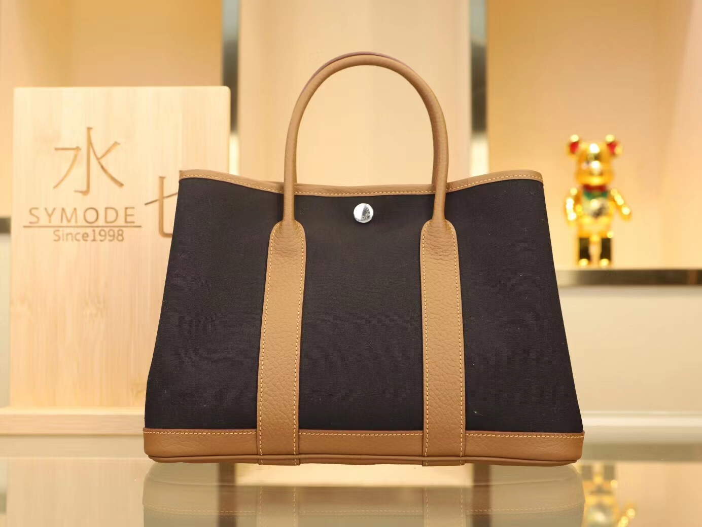 Hermes Garden Party30cm 爱马仕黑色帆布拼栗子色牛皮花园包 银扣