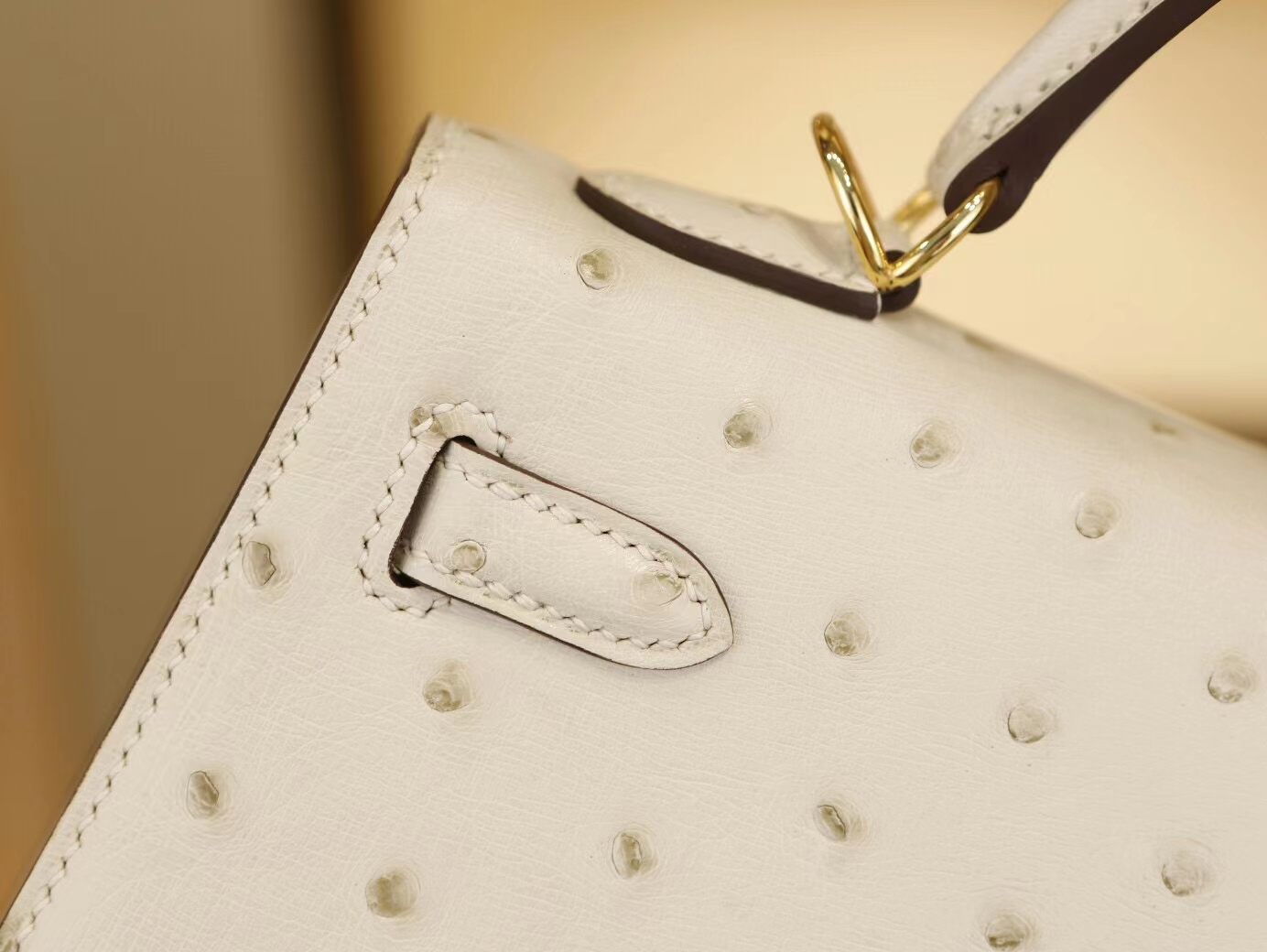 爱马仕凯莉包价格 Hermes Kelly25CM 3C羊毛白鸵鸟皮 金扣