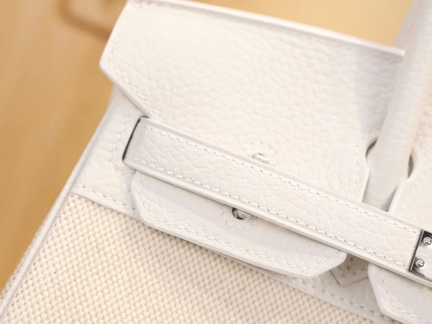 爱马仕女包 Hermes纯白色Togo牛皮拼帆布铂金包Birkin25CM 银扣