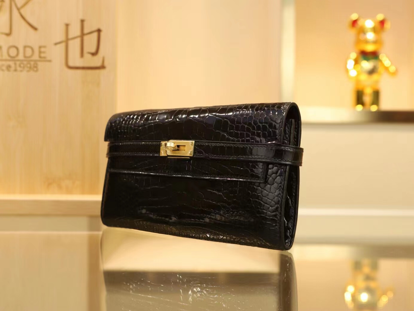 爱马仕钱包 Hermes 89黑色亮面方块鳄鱼皮Kelly长款钱包20CM 金扣
