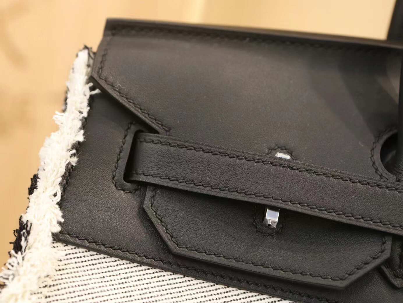 Hermes Birkin Fray Fray 35CM 爱马仕白布配黑色牛皮流苏款铂金包 银扣