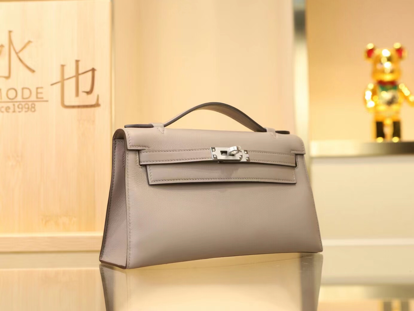 爱马仕迷你凯莉包1代 Hermes M8沥青灰Swift牛皮kelly pochette 银扣