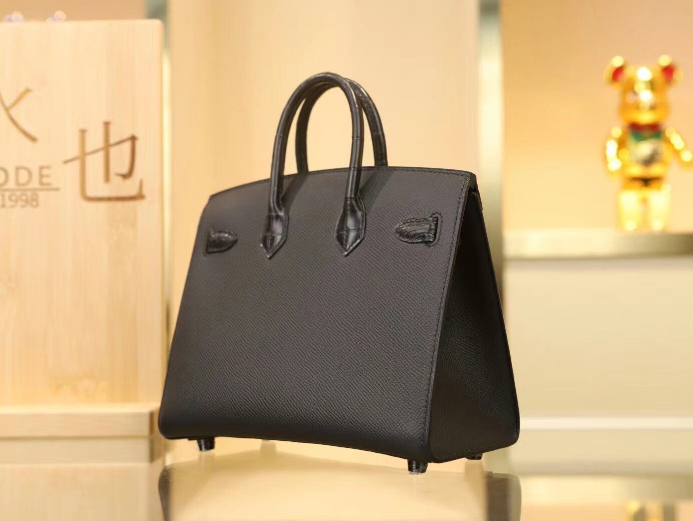 Hermes Birkin20 Faubourg 爱马仕黑色雾面鳄鱼皮拼牛皮福宝包房子包