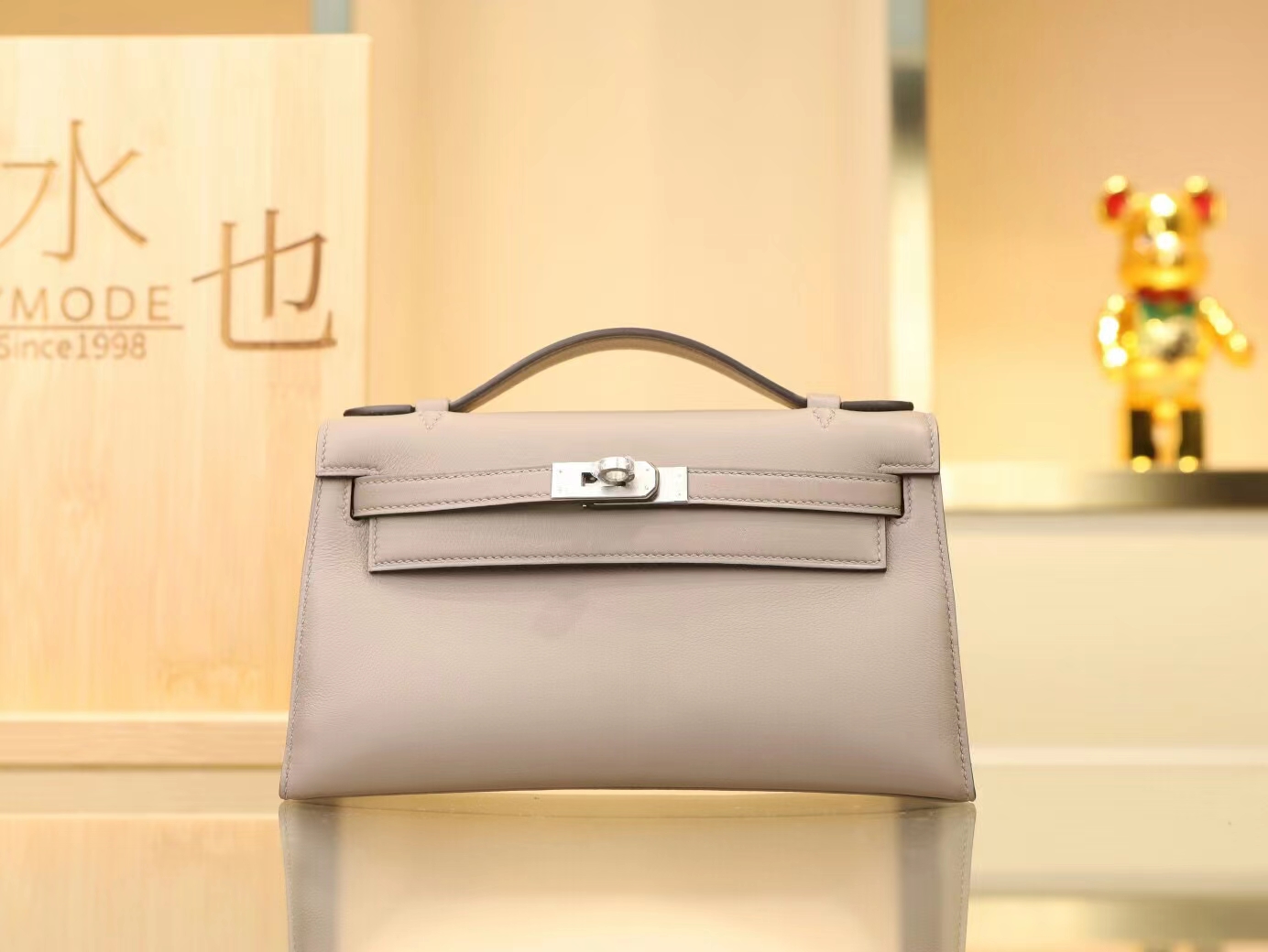 爱马仕迷你凯莉包1代 Hermes M8沥青灰Swift牛皮kelly pochette 银扣