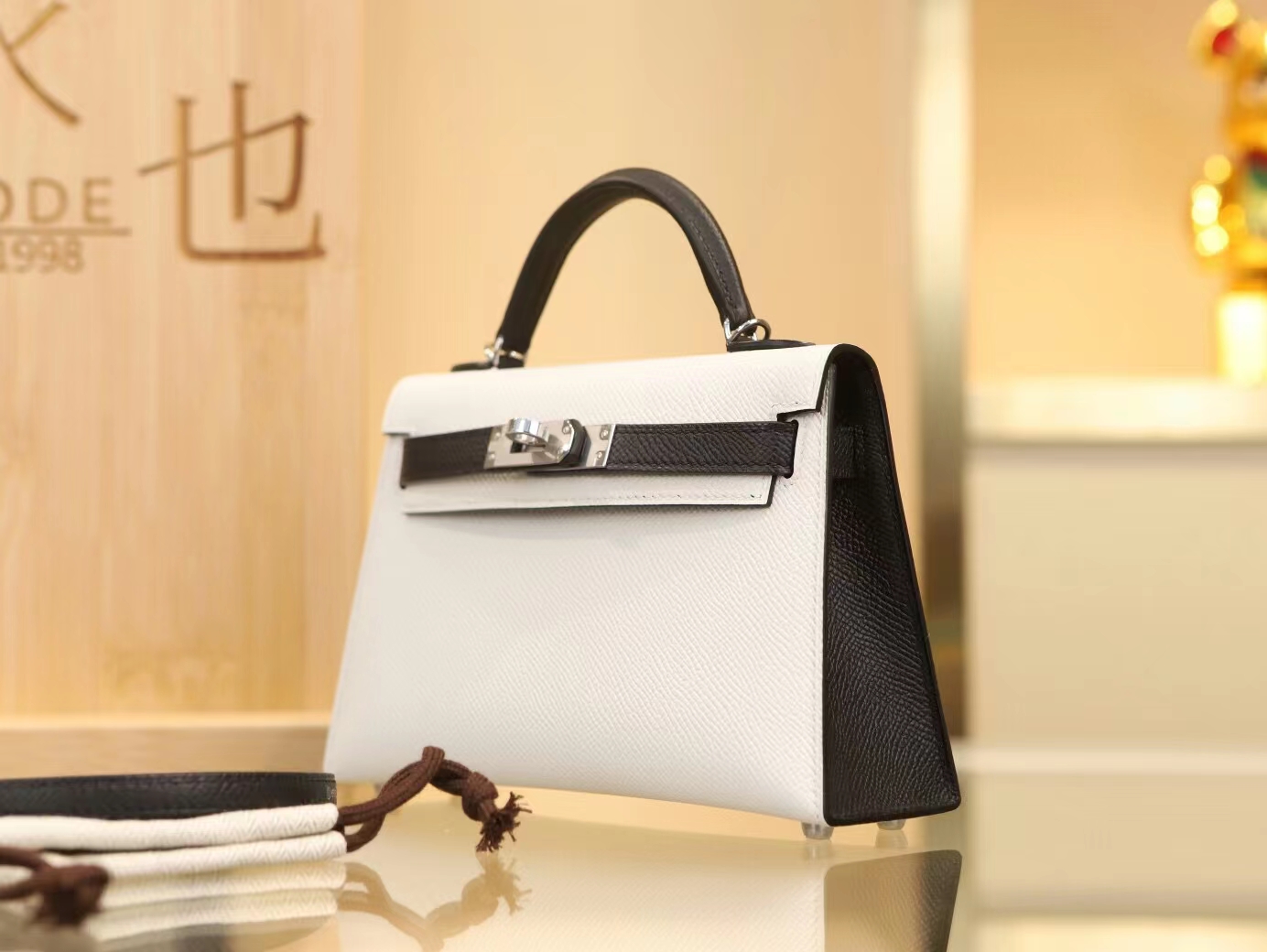 Hermes Mini Kelly二代19CM 爱马仕黑色拼白色Epsom皮二代迷你凯莉包
