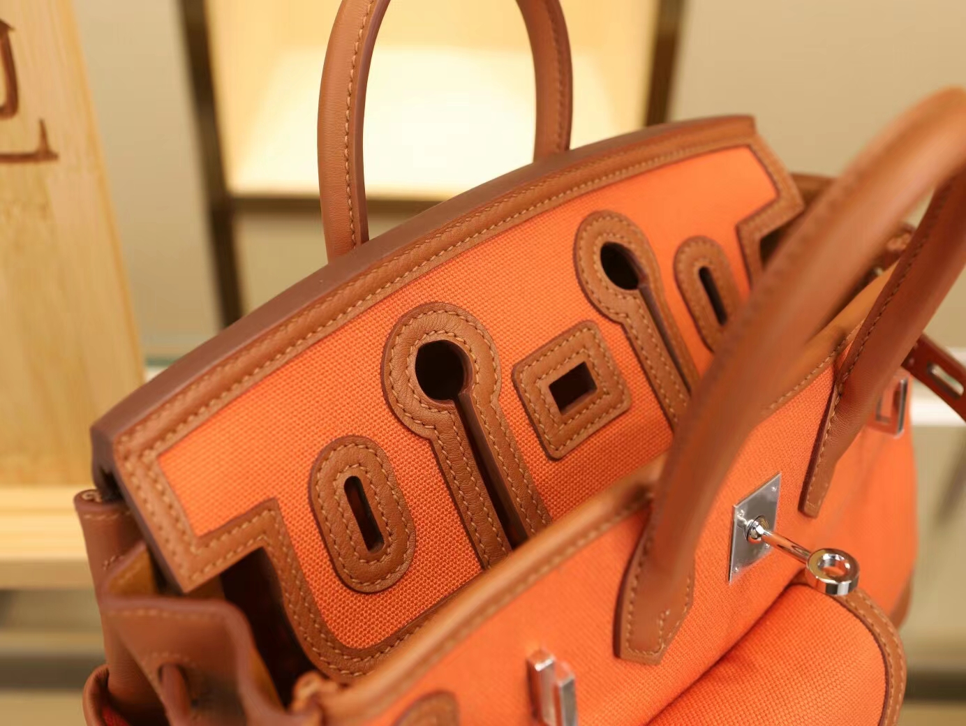 爱马仕帆布铂金包 Hermes Birkin Cargo25CM 橙色帆布拼金棕牛皮 银扣