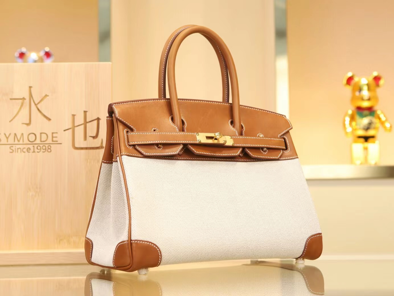 Hermes Birkin30CM 爱马仕帆布拼金棕色马鞍皮铂金包手提女包 金扣