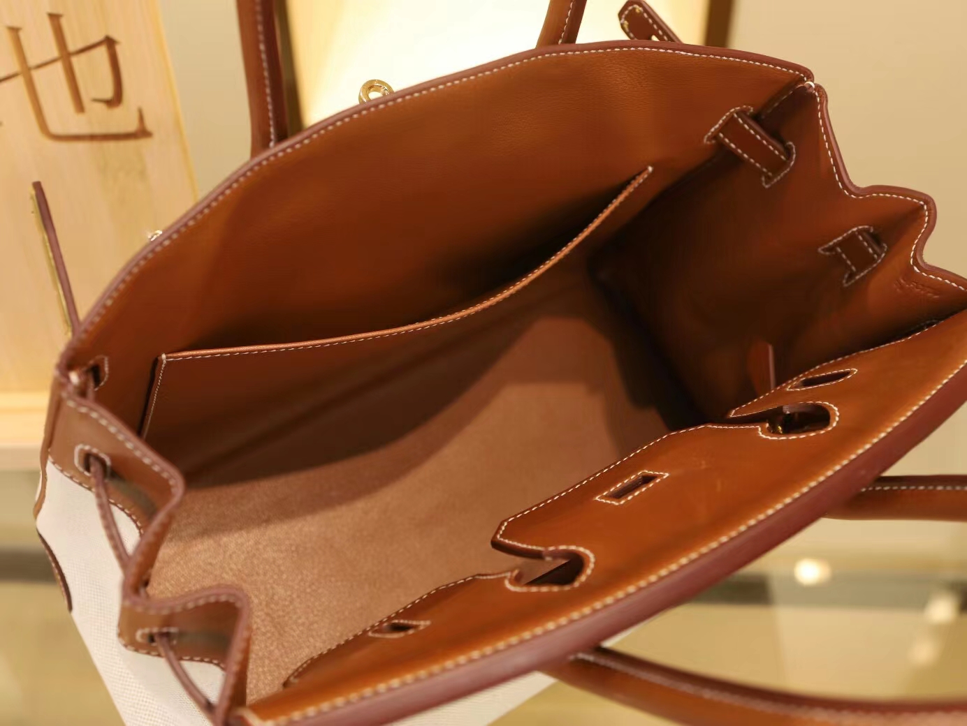 Hermes Birkin30CM 爱马仕帆布拼金棕色马鞍皮铂金包手提女包 金扣