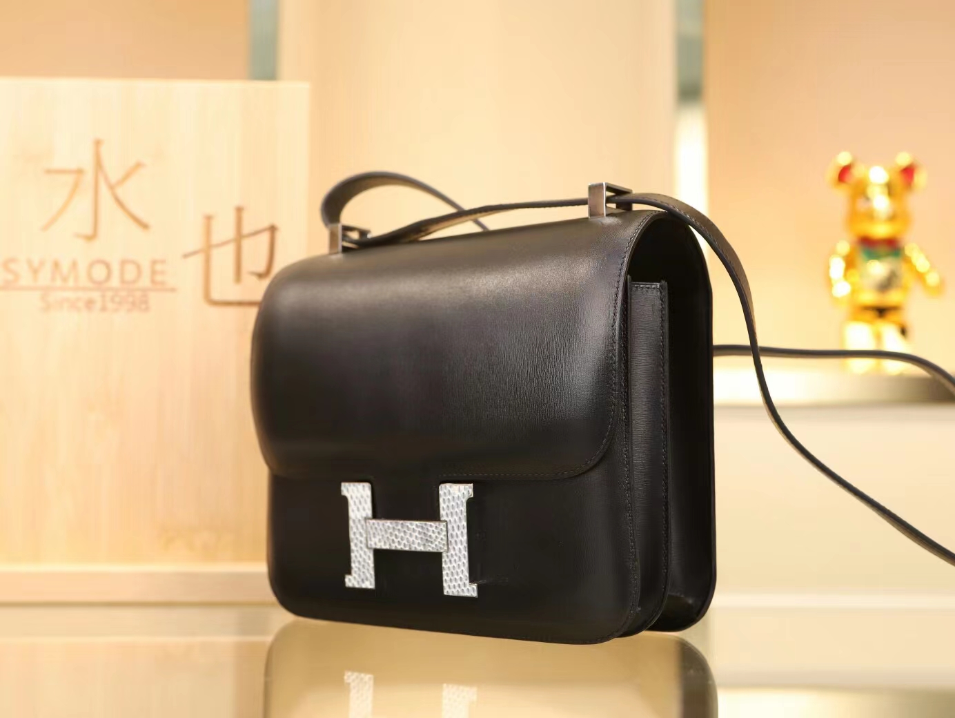Hermes Constance24CM 爱马仕89黑色Box皮拼雪花蜥蜴扣康斯坦包