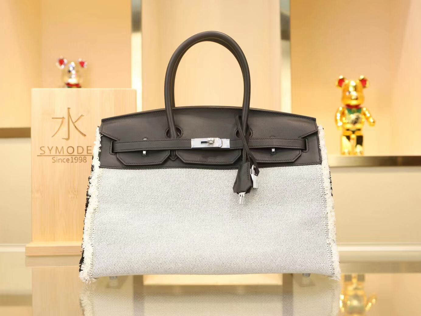 Hermes Birkin Fray Fray 35CM 爱马仕白布配黑色牛皮流苏款铂金包 银扣