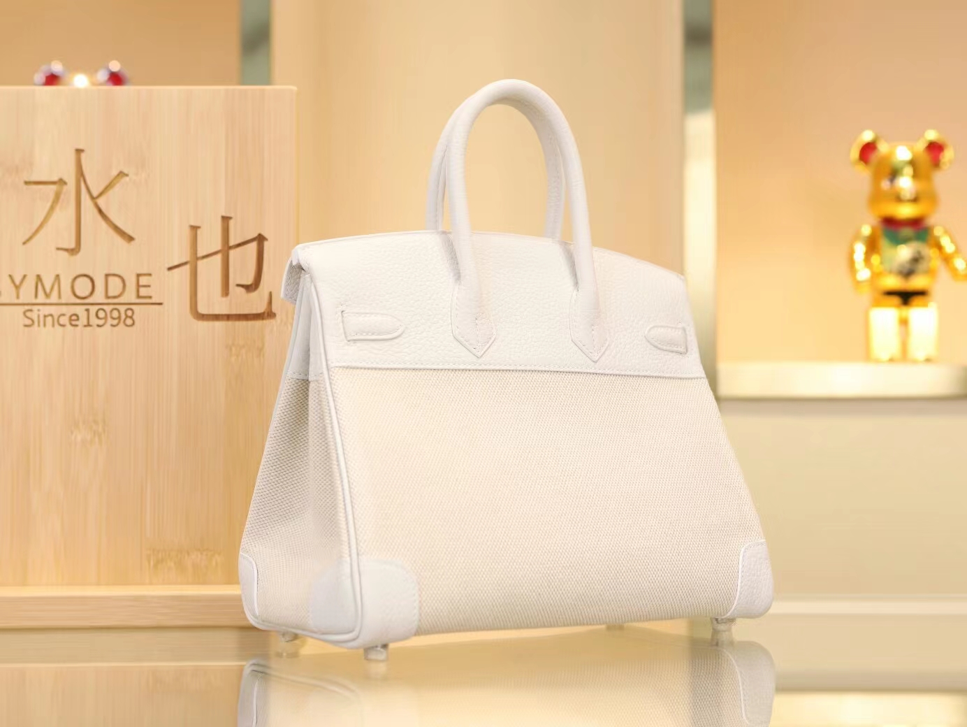 爱马仕女包 Hermes纯白色Togo牛皮拼帆布铂金包Birkin25CM 银扣