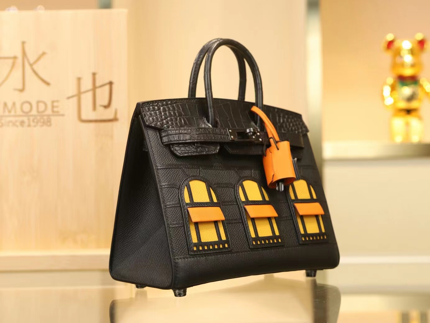 Hermes Birkin20 Faubourg 爱马仕黑色雾面鳄鱼皮拼牛皮福宝包房子包
