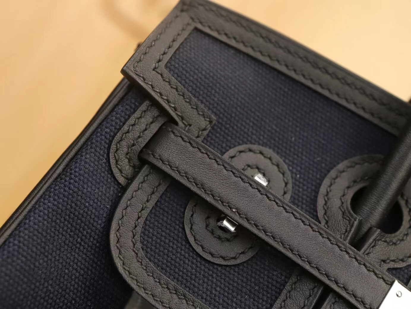 Symode Hermes Birkin Cargo25CM深海蓝Toile Goeland帆布拼黑色铂金包