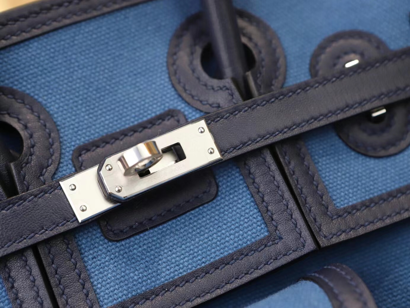 Hermes Birkin Cargo25CM 爱马仕深蓝牛皮拼海水蓝Toile Goeland帆布
