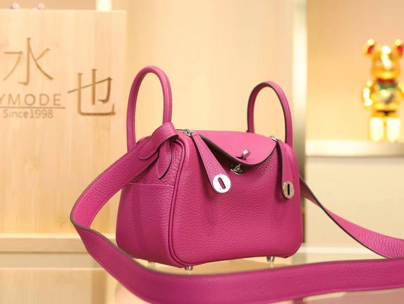 Hermes爱马仕L3玫瑰紫TC牛皮迷你琳迪包Mini Lindy19CM 银扣