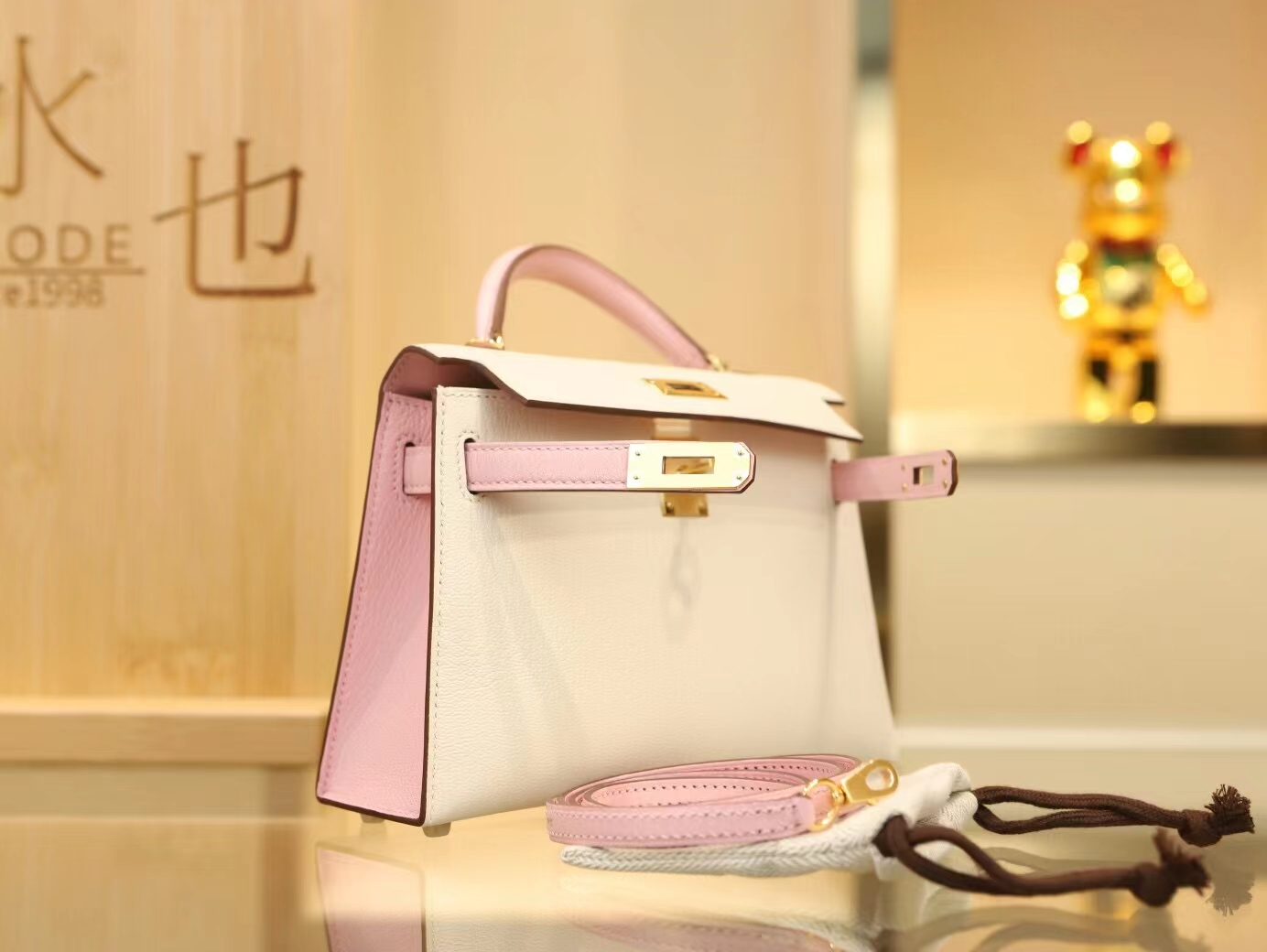 Hermes Mini Kelly 2代 爱马仕I2奶油白拼3Q水粉色山羊皮拼色二代迷你凯莉包