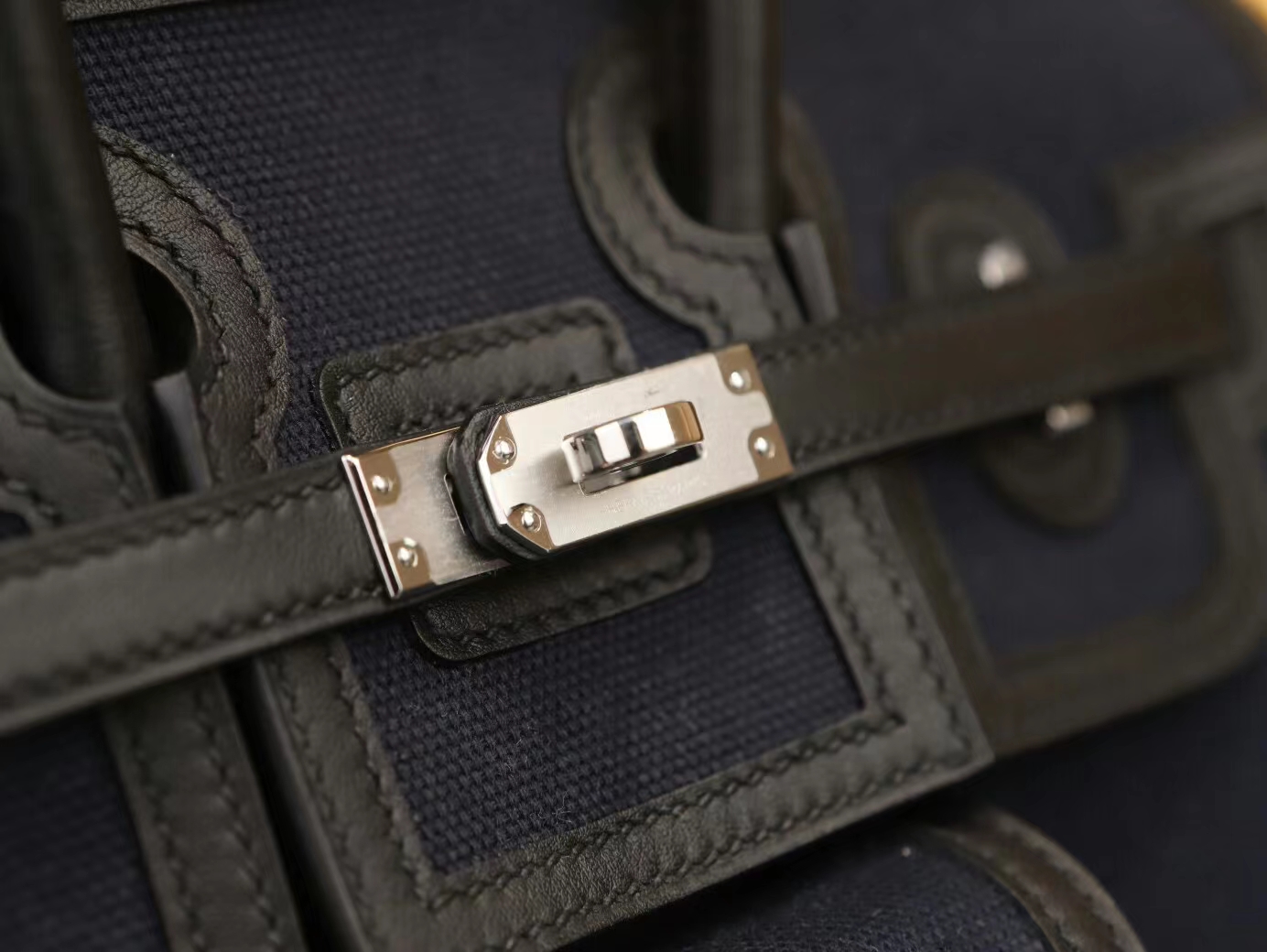Symode Hermes Birkin Cargo25CM深海蓝Toile Goeland帆布拼黑色铂金包