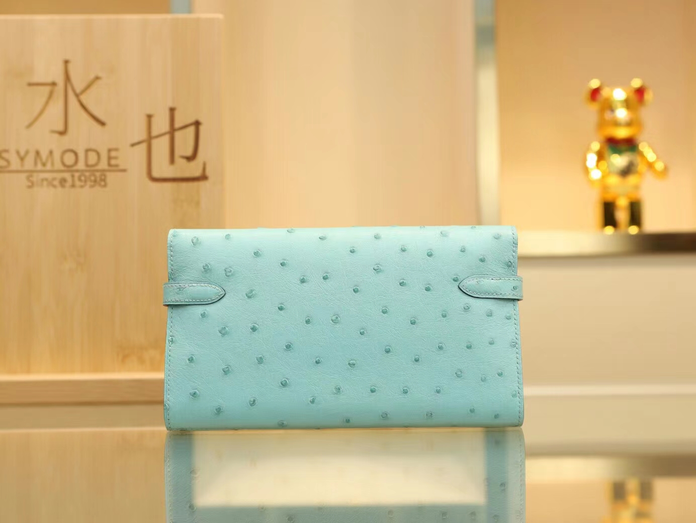 全手缝 Hermes爱马仕3P马卡龙蓝鸵鸟皮Kelly凯莉长款钱包 金扣