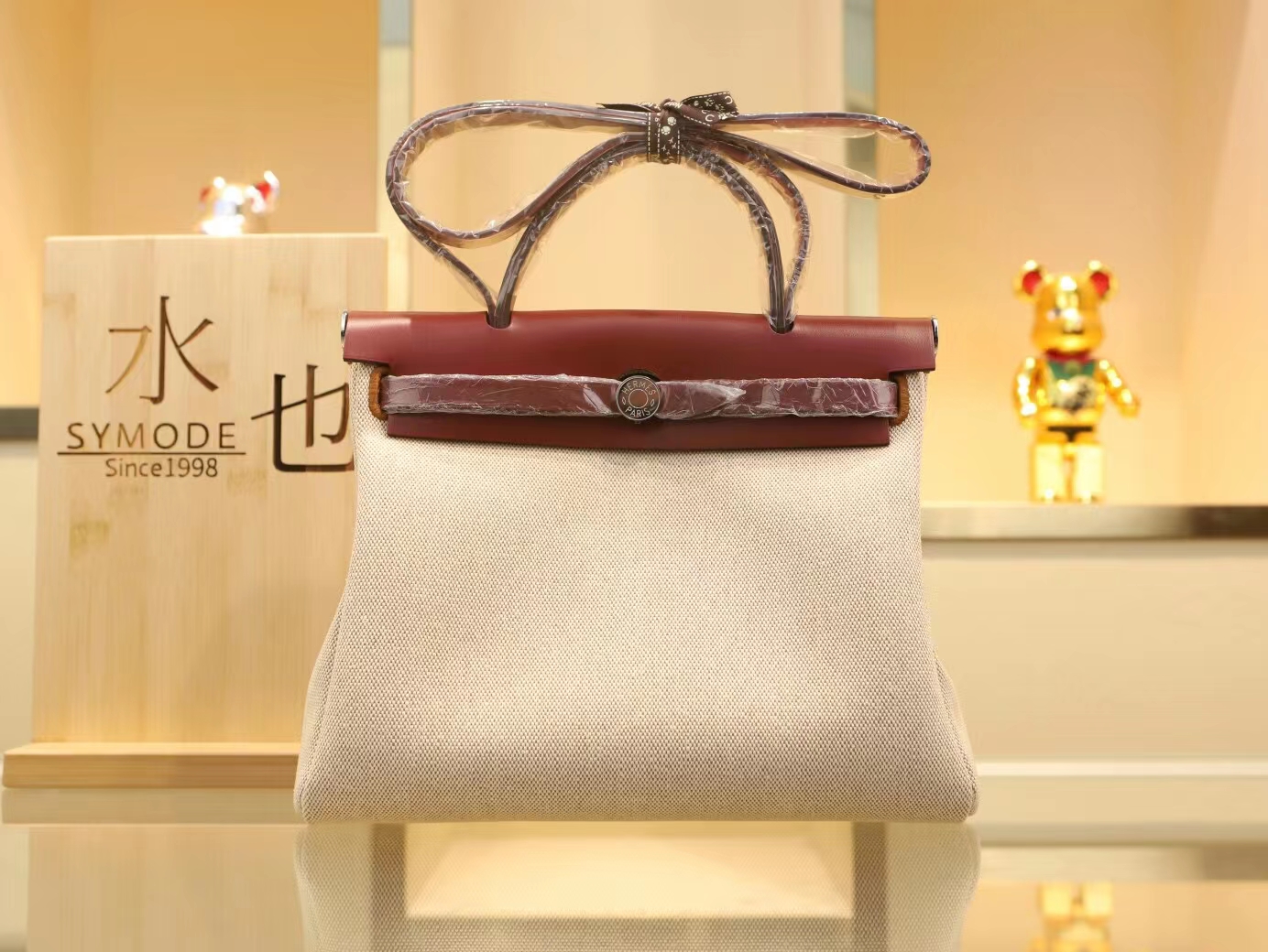Hermes Herbag 31cm 爱马仕金棕拼酒红帆布拼牛皮手提女包 银扣
