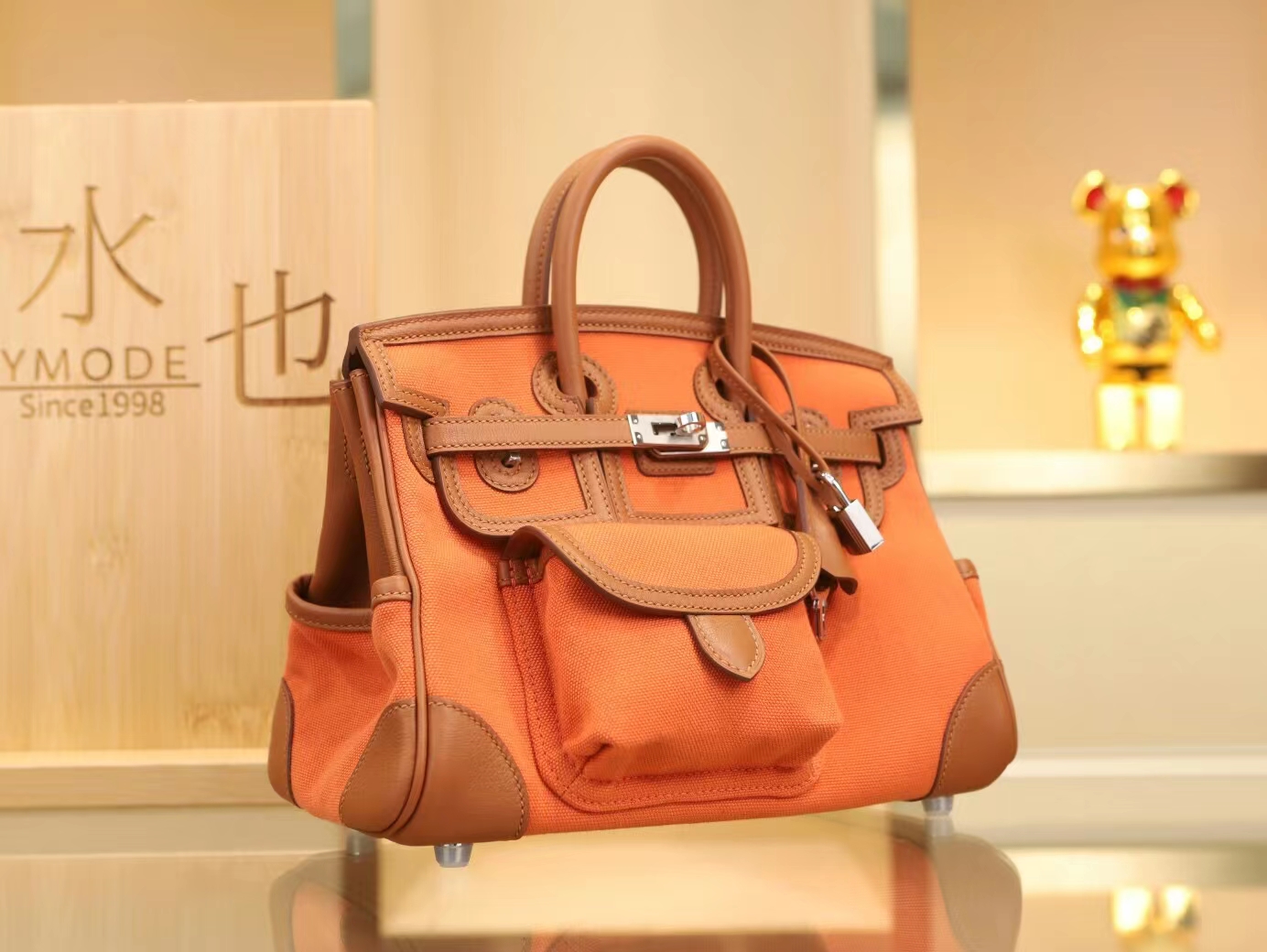爱马仕帆布铂金包 Hermes Birkin Cargo25CM 橙色帆布拼金棕牛皮 银扣
