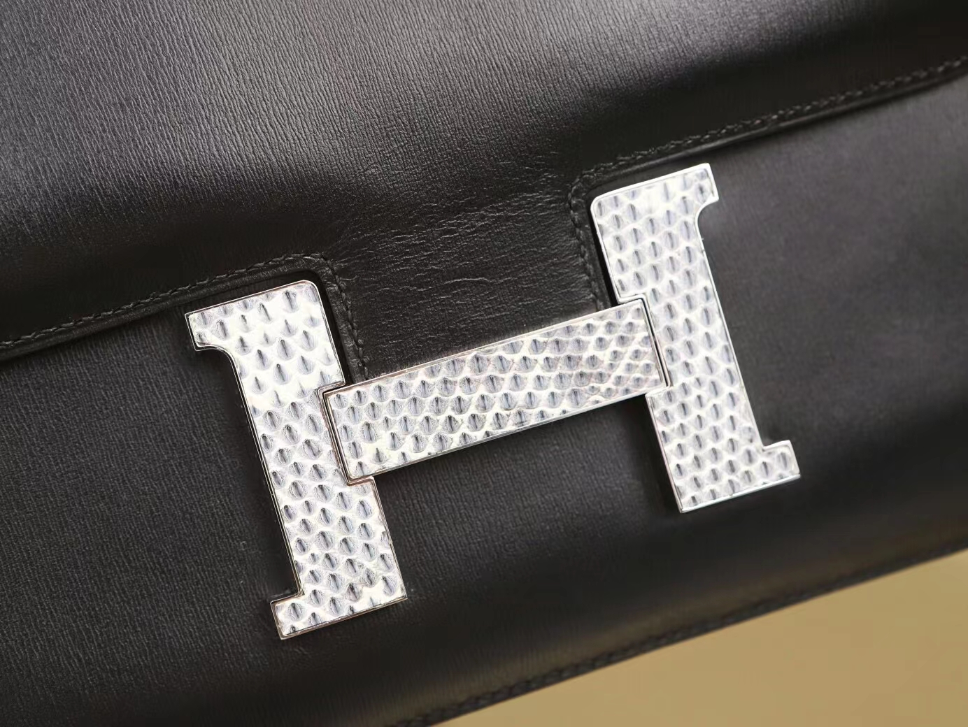 Hermes Constance24CM 爱马仕89黑色Box皮拼雪花蜥蜴扣康斯坦包