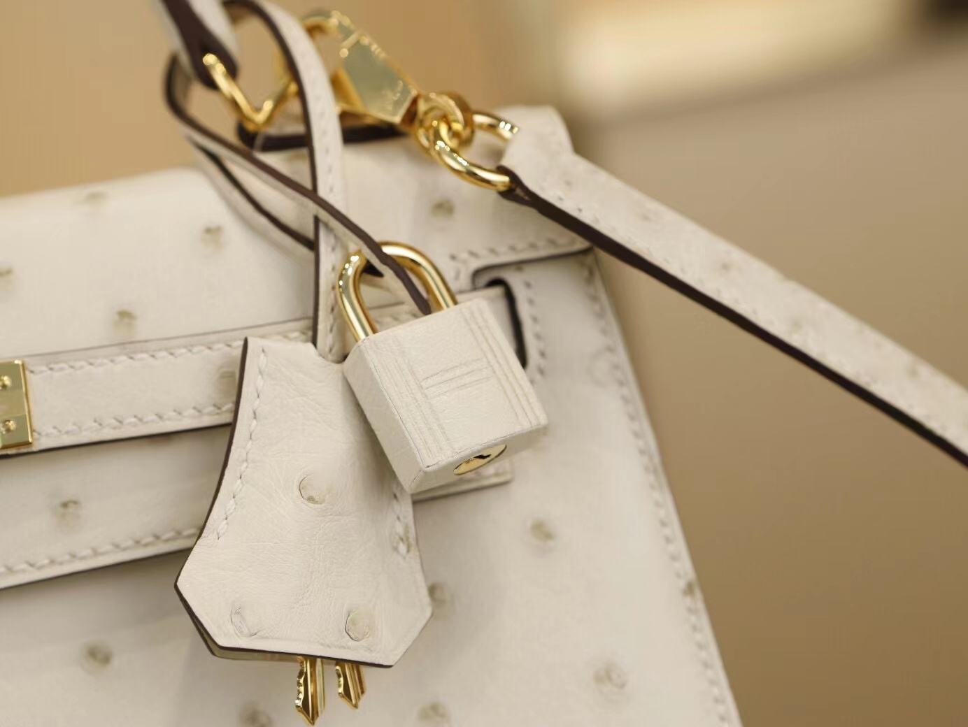 爱马仕凯莉包价格 Hermes Kelly25CM 3C羊毛白鸵鸟皮 金扣