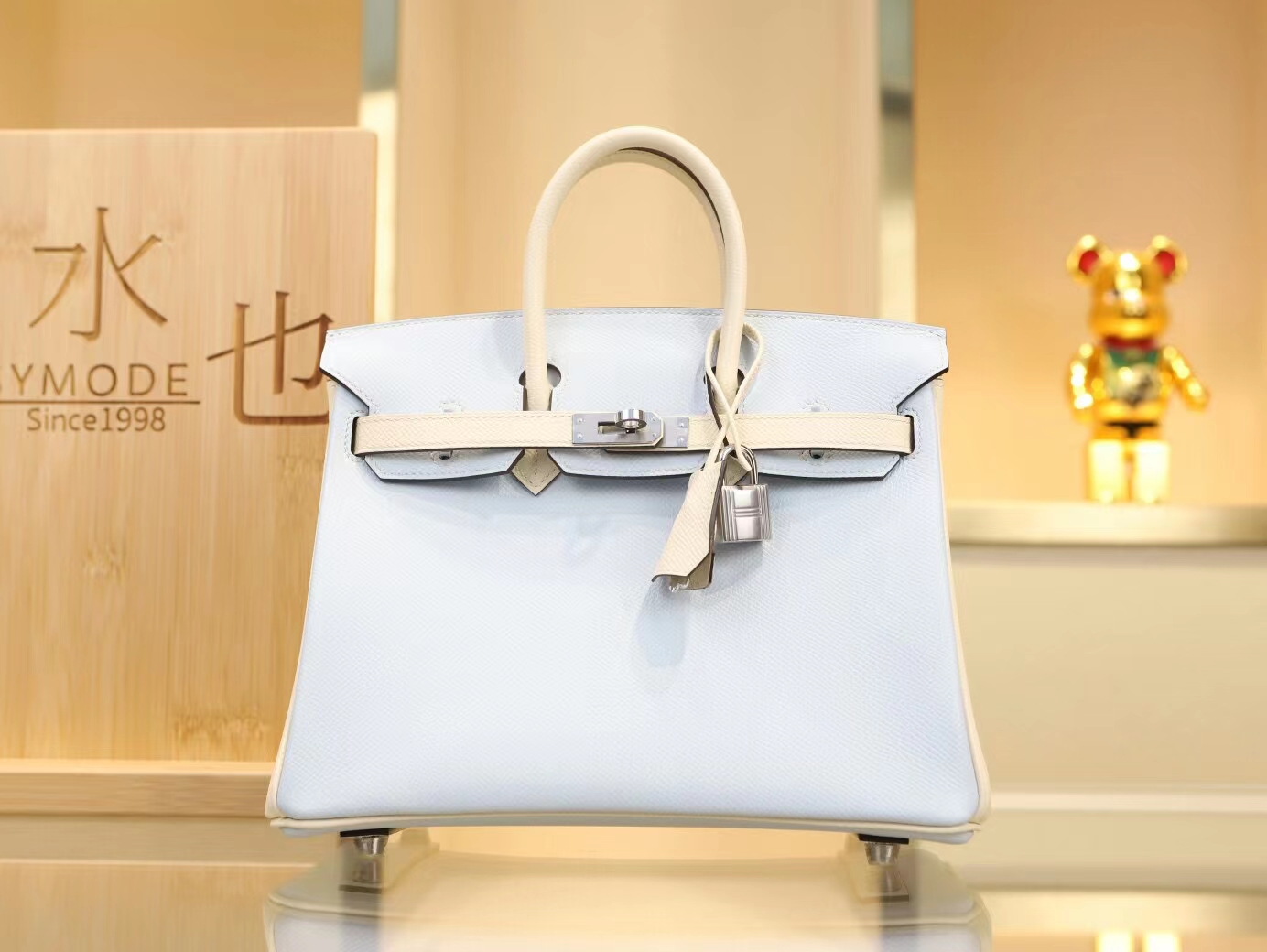 爱马仕Hermes T0圣杯蓝拼I2奶油白Epsom皮铂金包Birkin25CM 银扣