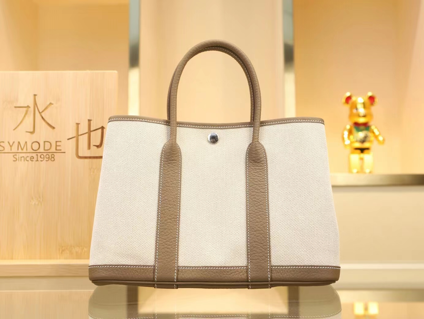 爱马仕新款女包 Hermes米白帆布拼大象灰牛皮花园包Garden Party30CM