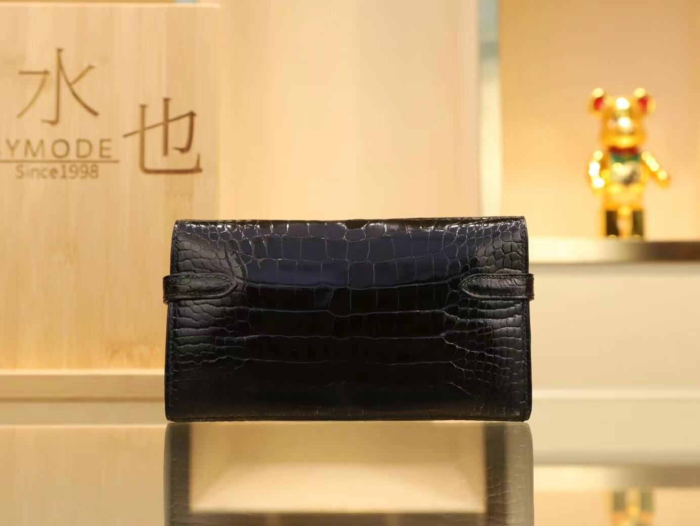 爱马仕钱包 Hermes 89黑色亮面方块鳄鱼皮Kelly长款钱包20CM 金扣