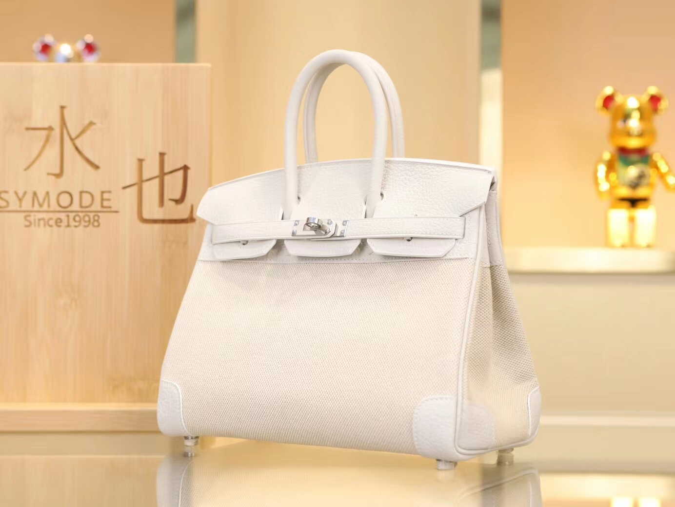 爱马仕女包 Hermes纯白色Togo牛皮拼帆布铂金包Birkin25CM 银扣