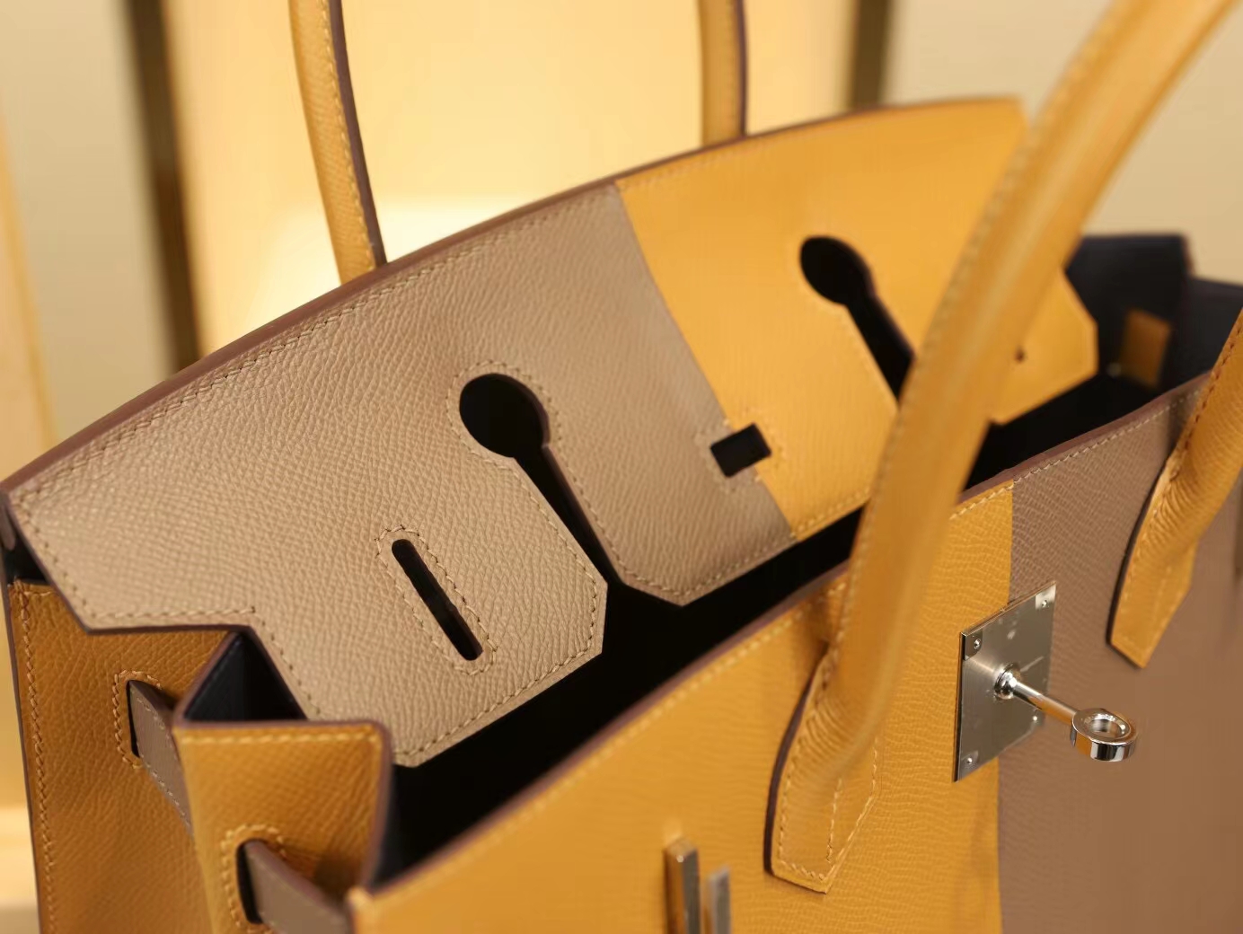 Hermes Birkin30CM Casaque对拼系列 爱马仕三拼色Epsom皮铂金包 银扣