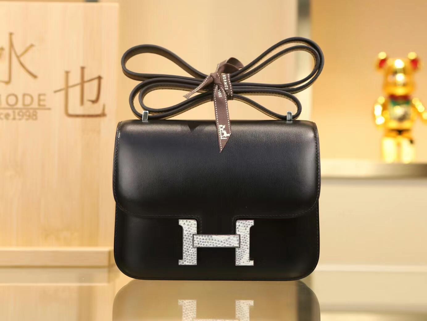 爱马仕Hermes Constance18CM 89黑色Box皮拼雪花蜥蜴扣康斯坦包