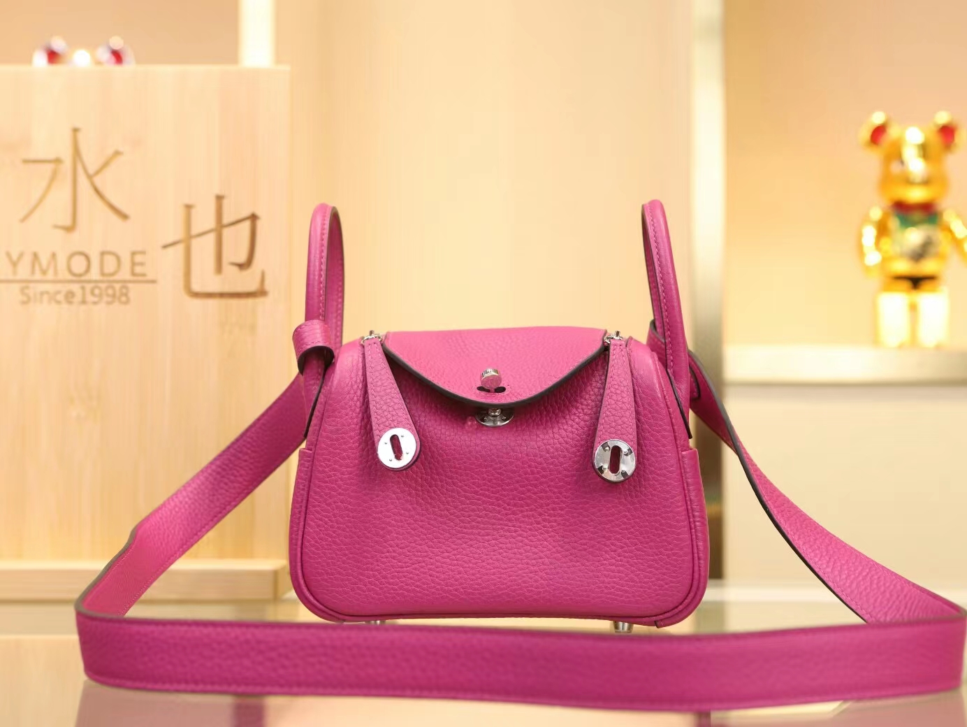 Hermes爱马仕L3玫瑰紫TC牛皮迷你琳迪包Mini Lindy19CM 银扣