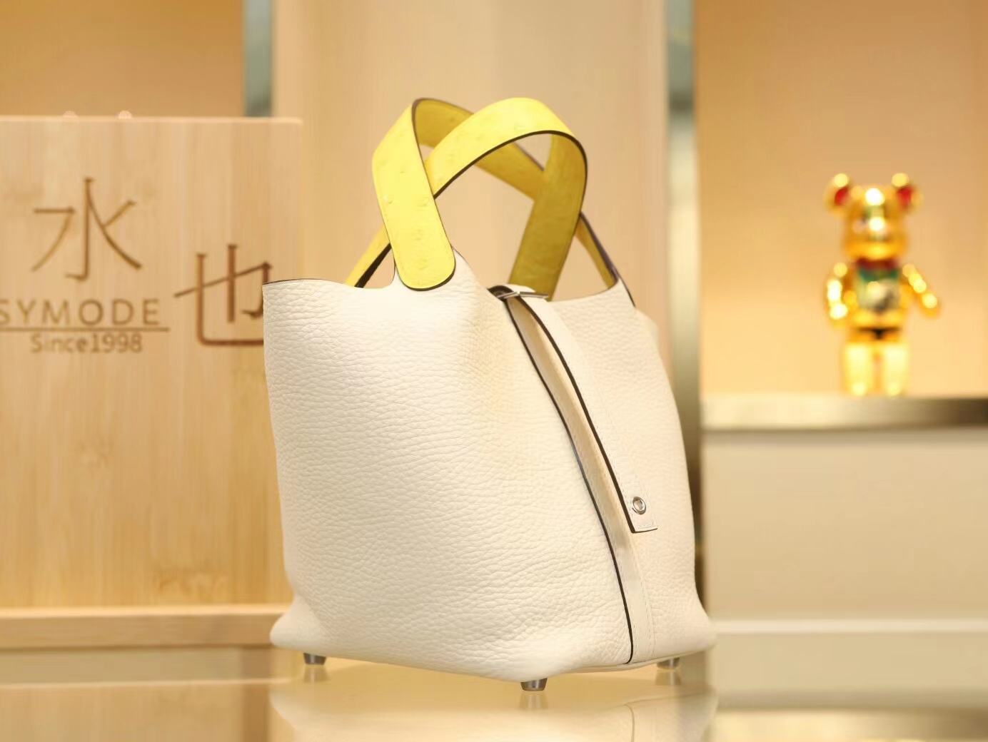 Hermes Picotin Touch18CM 爱马仕i2奶油白拼9r柠檬黄鸵鸟皮手柄菜篮子包