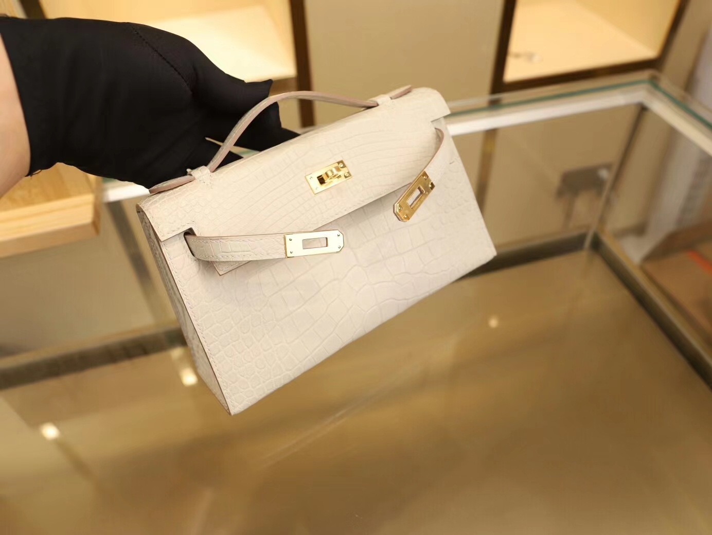 爱马仕Hermes Mini Kelly22CM 8L冰川白雾面方块鳄鱼皮一代迷你凯莉包