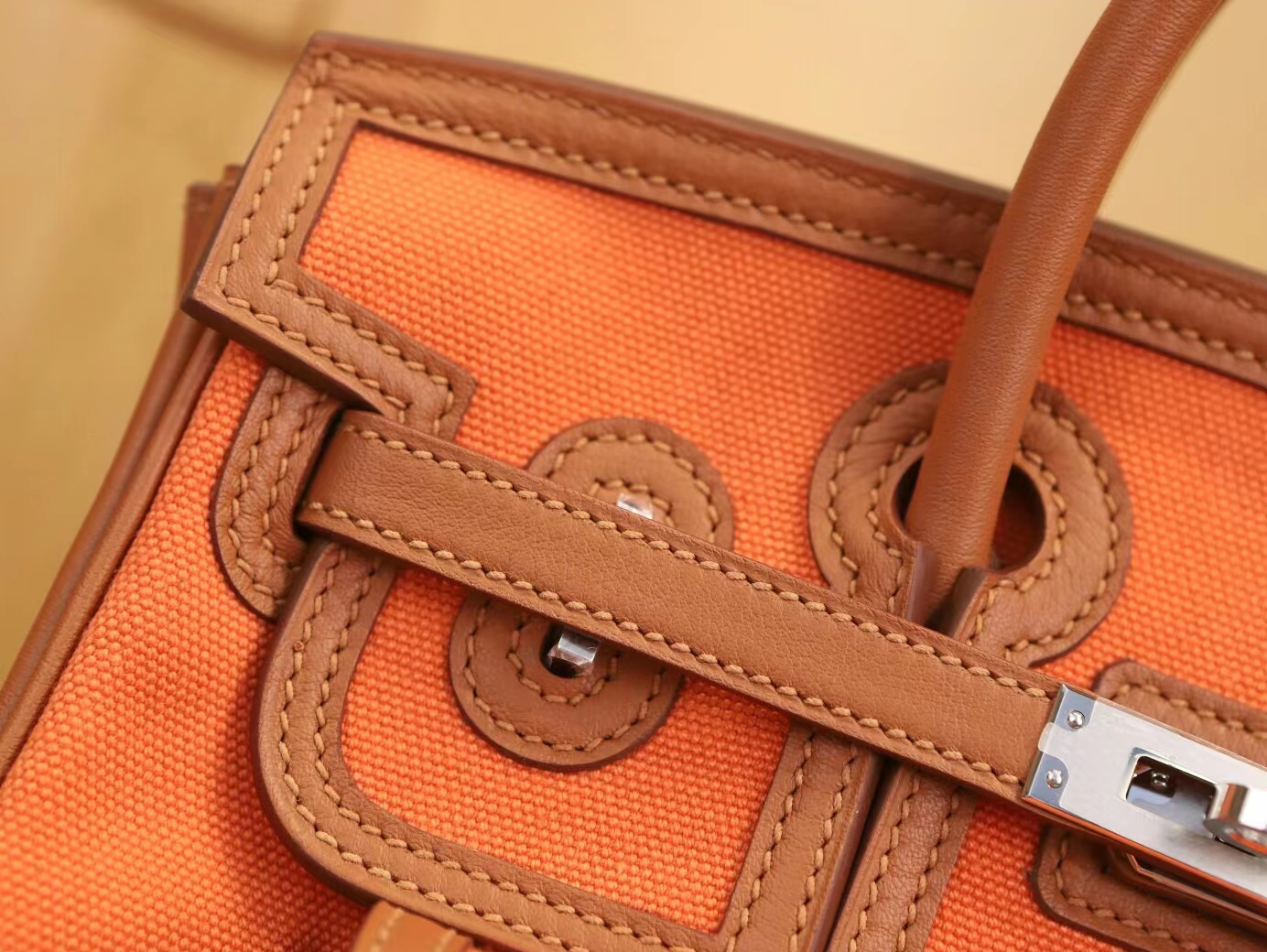 爱马仕帆布铂金包 Hermes Birkin Cargo25CM 橙色帆布拼金棕牛皮 银扣