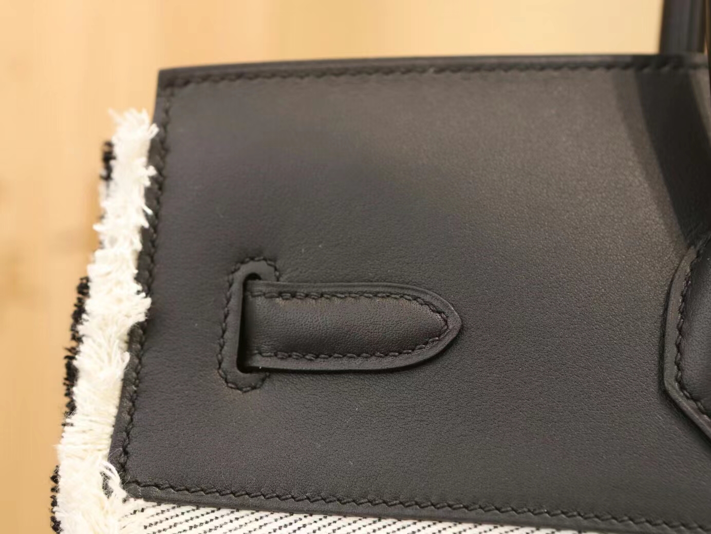 Hermes Birkin Fray Fray 35CM 爱马仕白布配黑色牛皮流苏款铂金包 银扣