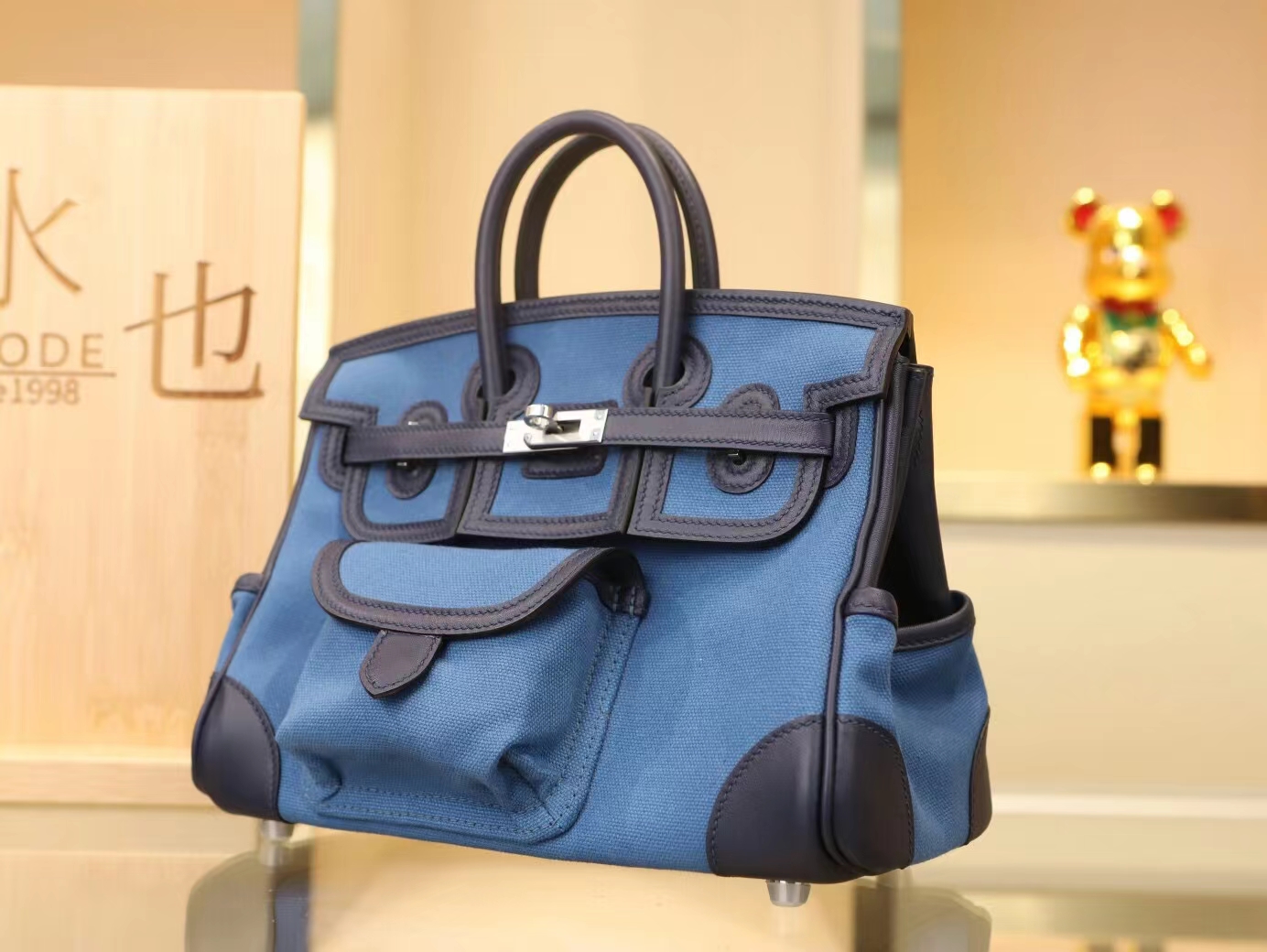 Hermes Birkin Cargo25CM 爱马仕深蓝牛皮拼海水蓝Toile Goeland帆布