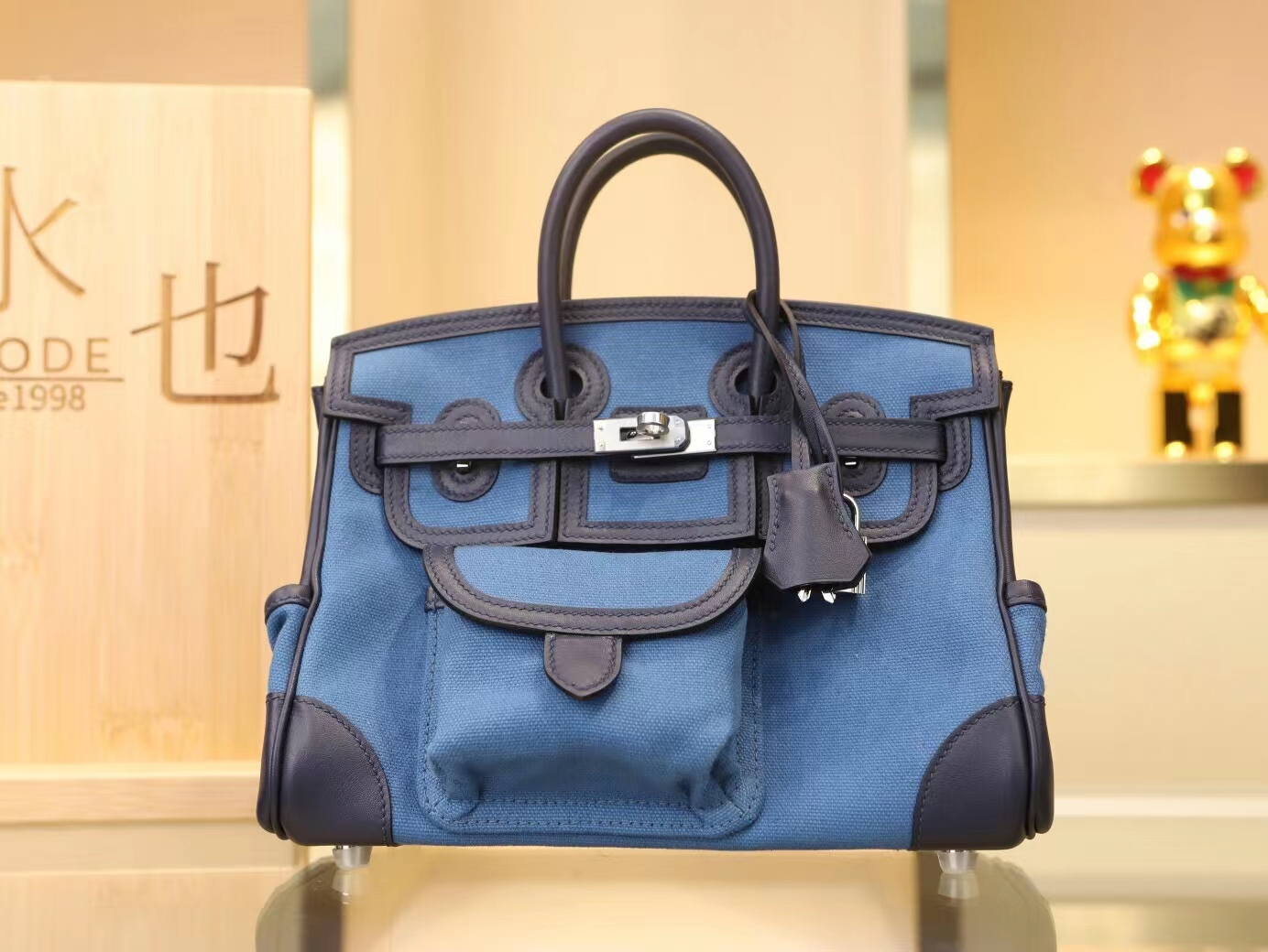Hermes Birkin Cargo25CM 爱马仕深蓝牛皮拼海水蓝Toile Goeland帆布