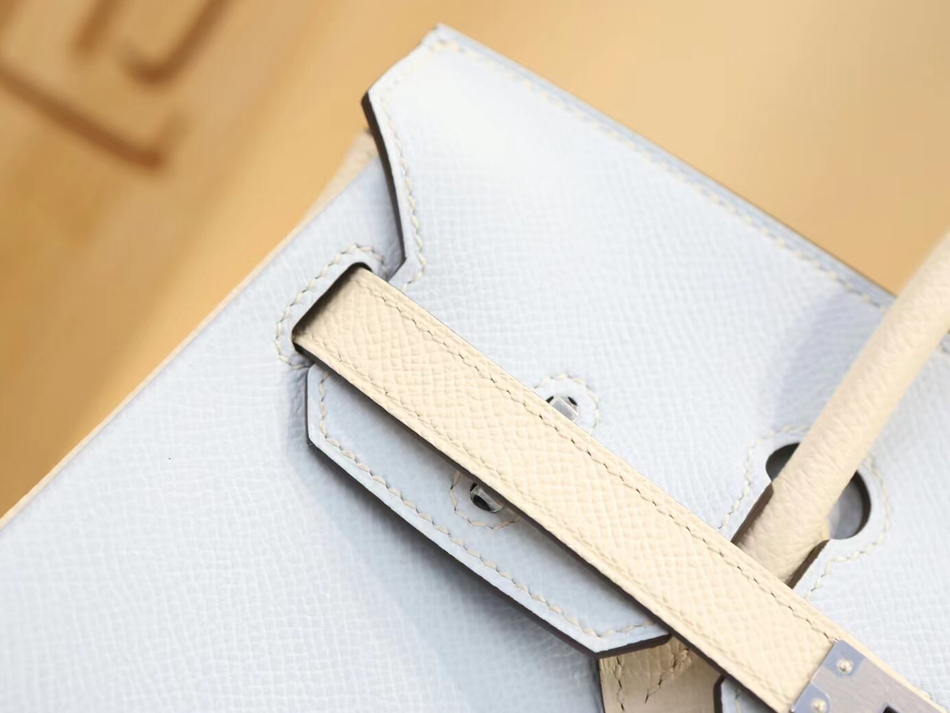 爱马仕Hermes T0圣杯蓝拼I2奶油白Epsom皮铂金包Birkin25CM 银扣