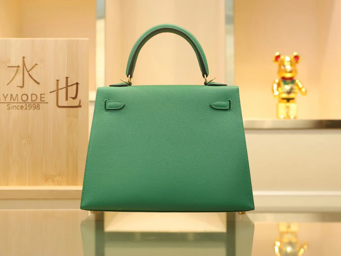 爱马仕Symode Hermes Kelly 25CM U4丝绒绿Epsom皮凯莉包手提包 金扣