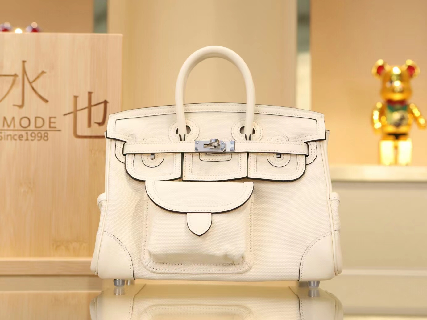 Hermes爱马仕帆布拼皮I2奶油白Nata铂金包Birkin Cargo25CM 银扣