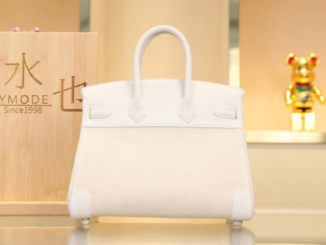 爱马仕女包 Hermes纯白色Togo牛皮拼帆布铂金包Birkin25CM 银扣